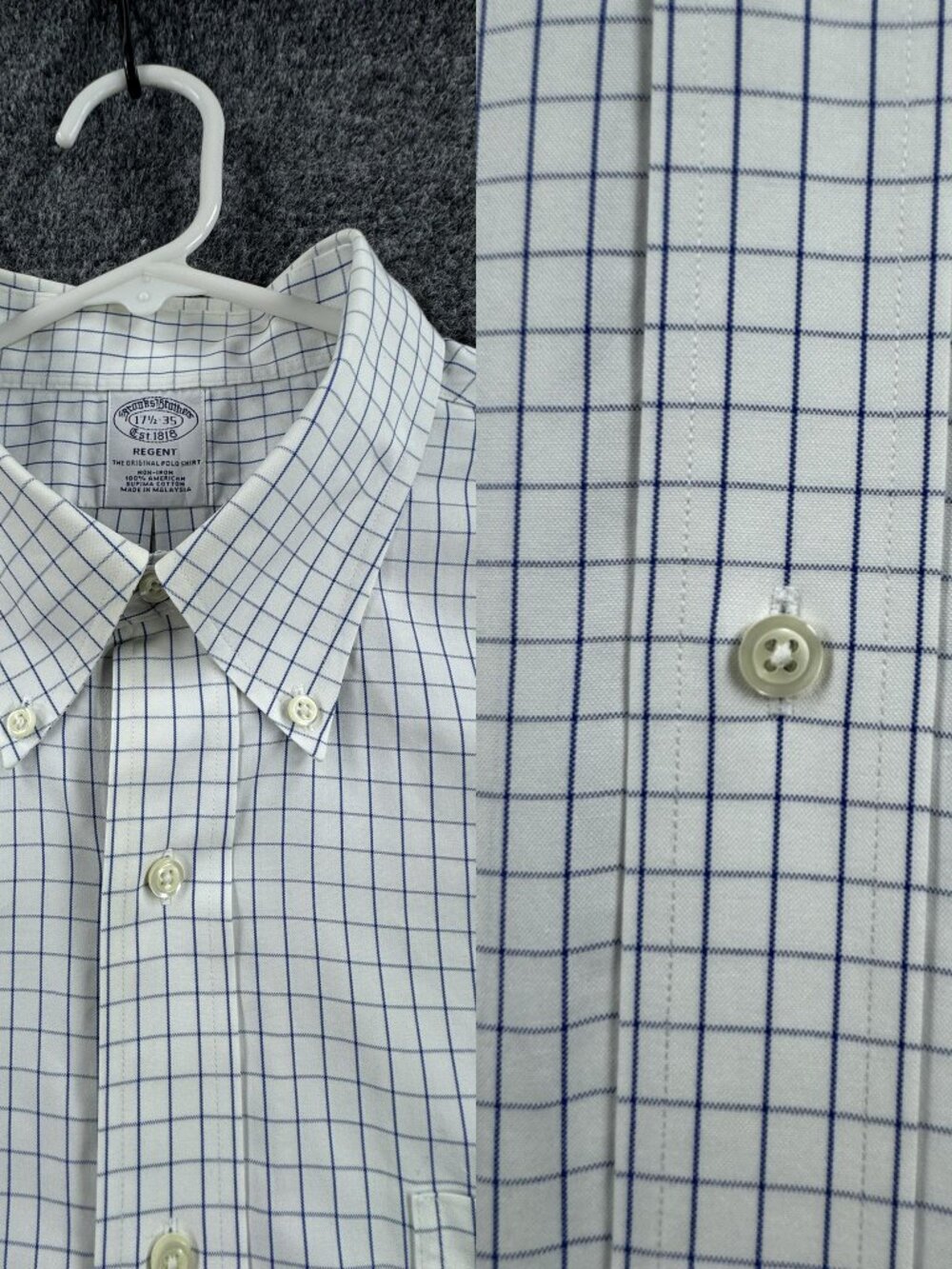 Brooks Brothers Supima White Blue Check Non-Iron Regent Button-Down 17.5 35 Mens